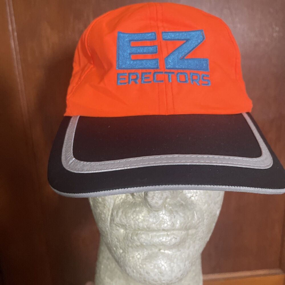 EZ Erectors Neon Orange Hat Blue Black Safety Reflector Adult Strapback